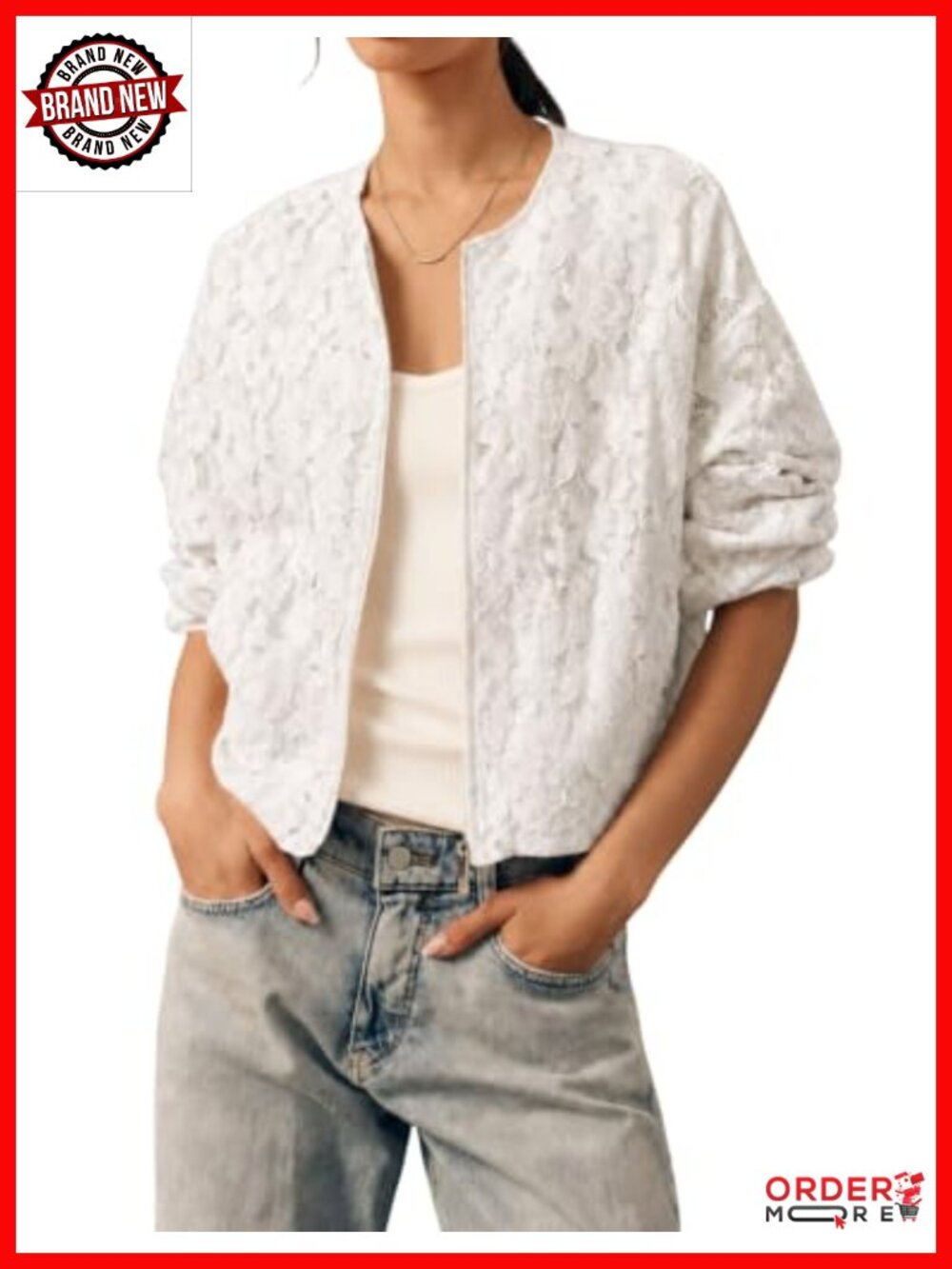 Lightweight Lace Jacket Zipper Lined Crew Neck Boho Cropped